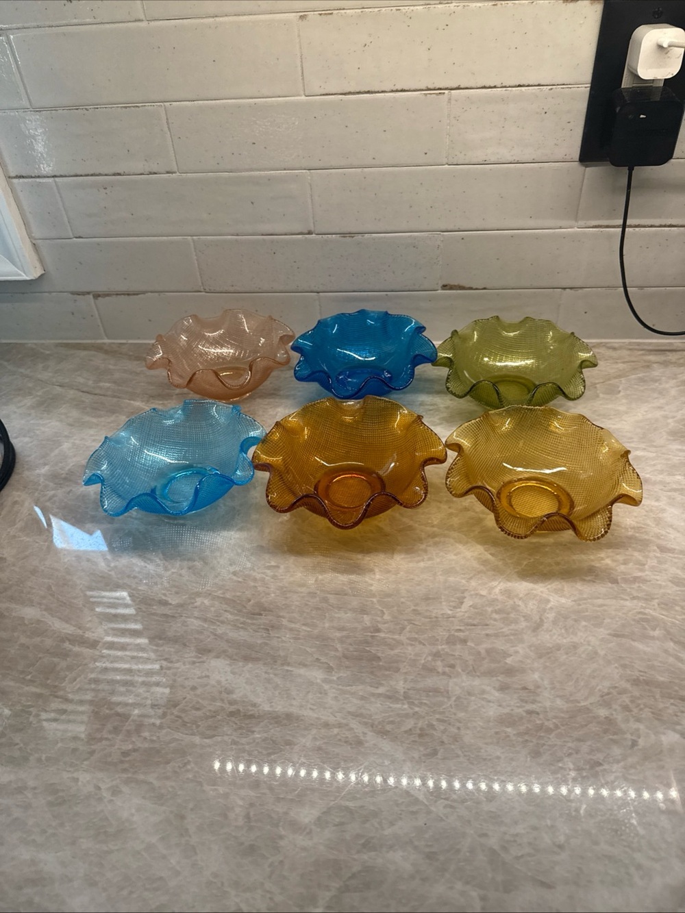 6- Vintage Italian glass candy dish, waffle pattern crimped ruffle edges.